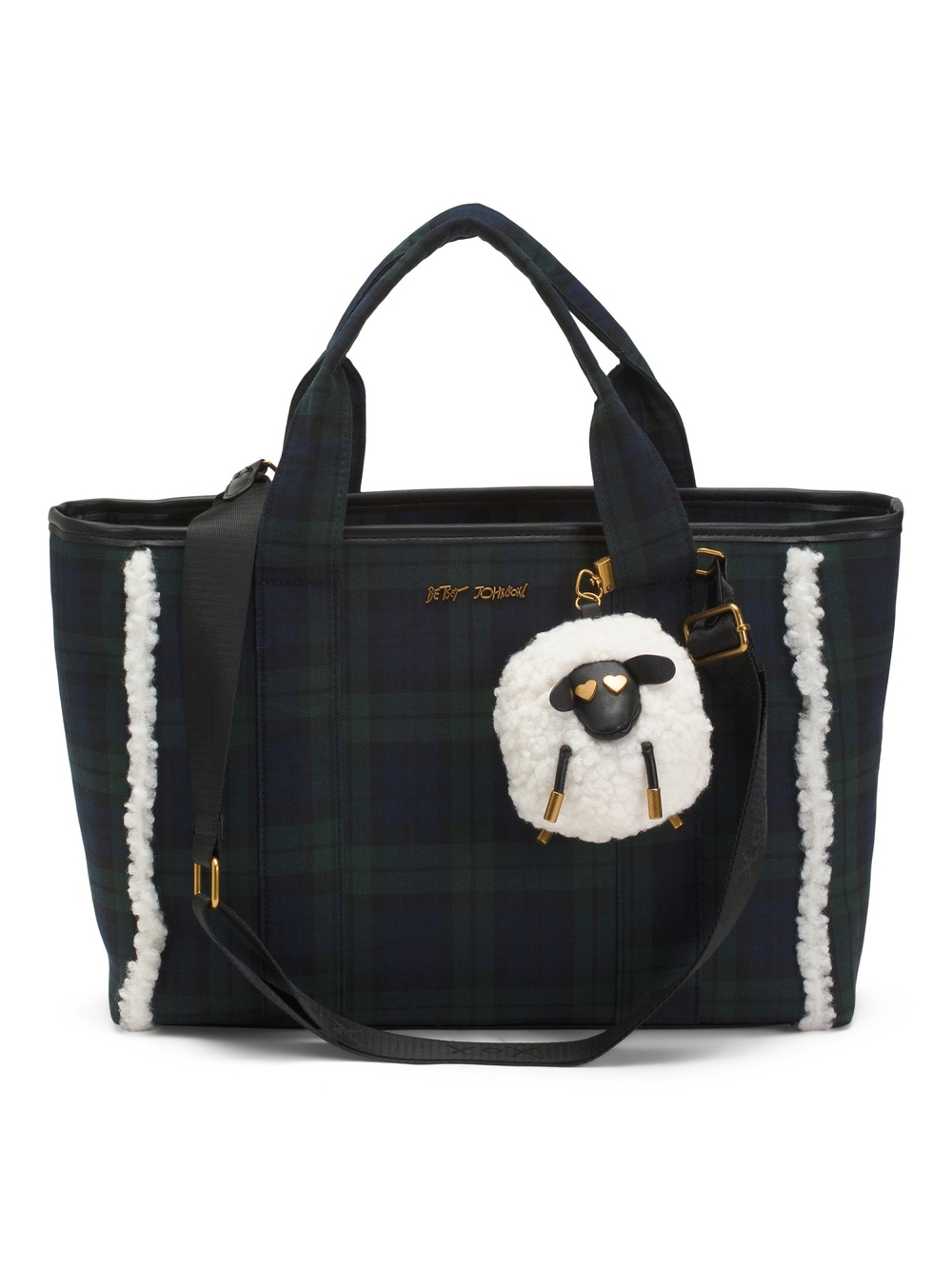 Betsey Johnson Black and Dark Green Plaid Tote with Sheep Charm